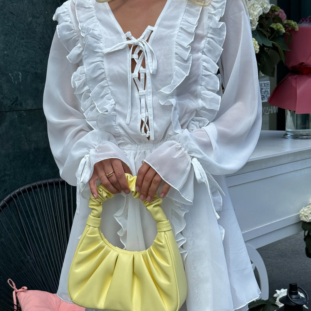 Damen Romantisches Chiffon-Minikleid mit Volants und Schnürdetail Echoarchiv