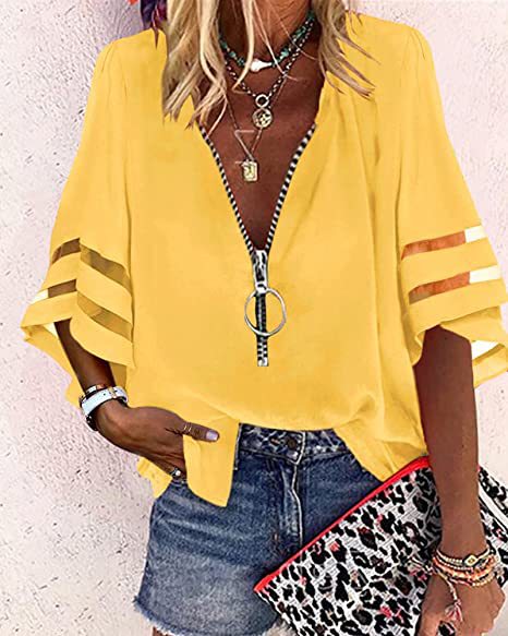 Damen V‑Ausschnitt Bluse mit dekorativem Ringreißverschluss und Cut-Out-Ärmeln Echo Archiv