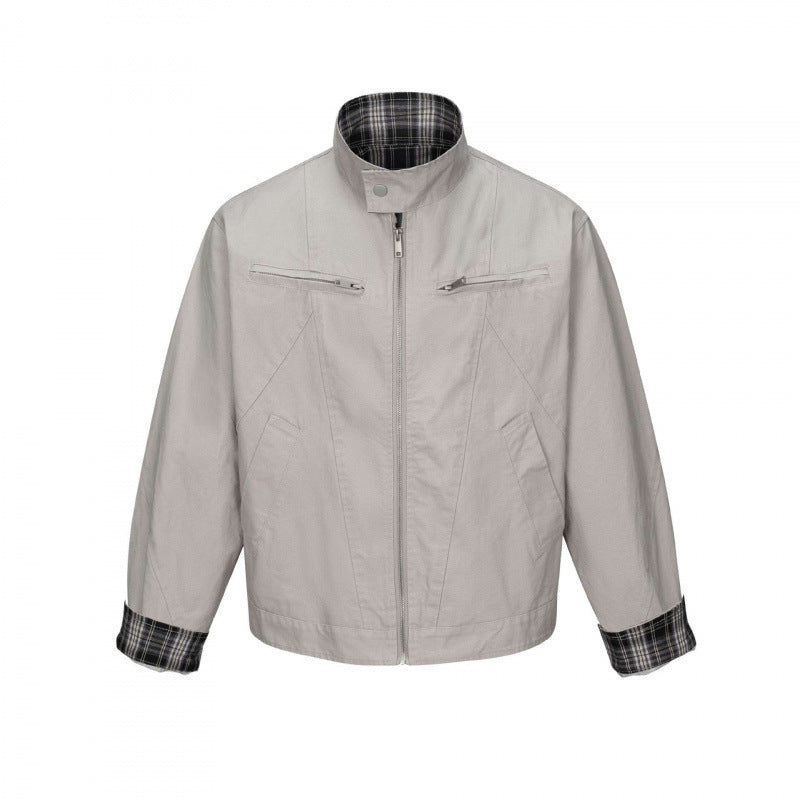 Herren Kurz geschnittene Canvas-Blousonjacke mit Stehkragen, Reißverschlusstaschen und kariertem Futter Echo Archiv