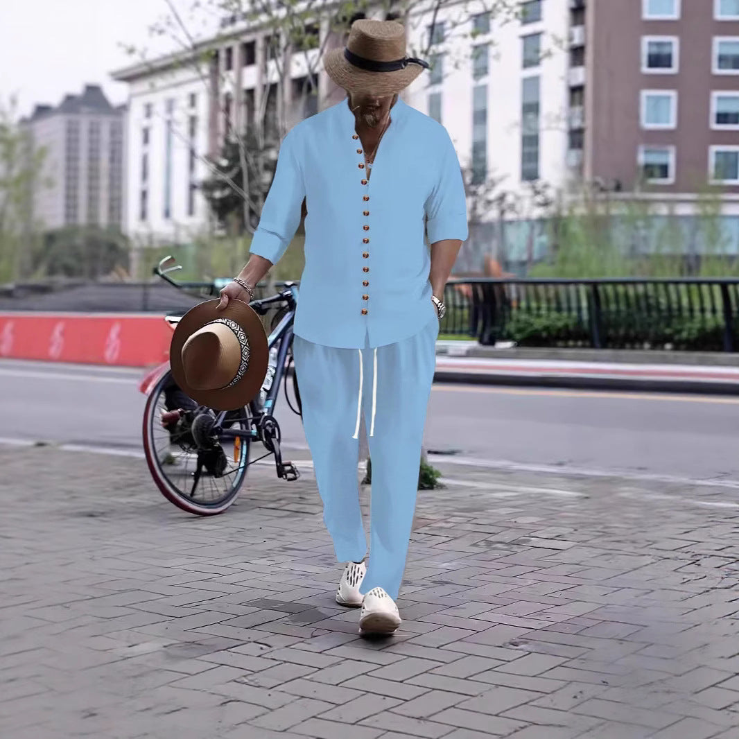 Herren Lässiges Kurzarmhemd mit eleganter Knopfleiste und Freizeit-Hose Echoarchiv