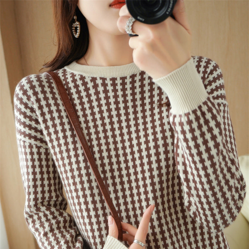 Damen Leichter Strukturstrick-Pullover mit Hahnentritt-Muster und breitem Rippbündchen Echoarchiv
