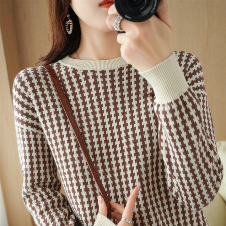 Damen Leichter Strukturstrick-Pullover mit Hahnentritt-Muster und breitem Rippbündchen Echoarchiv