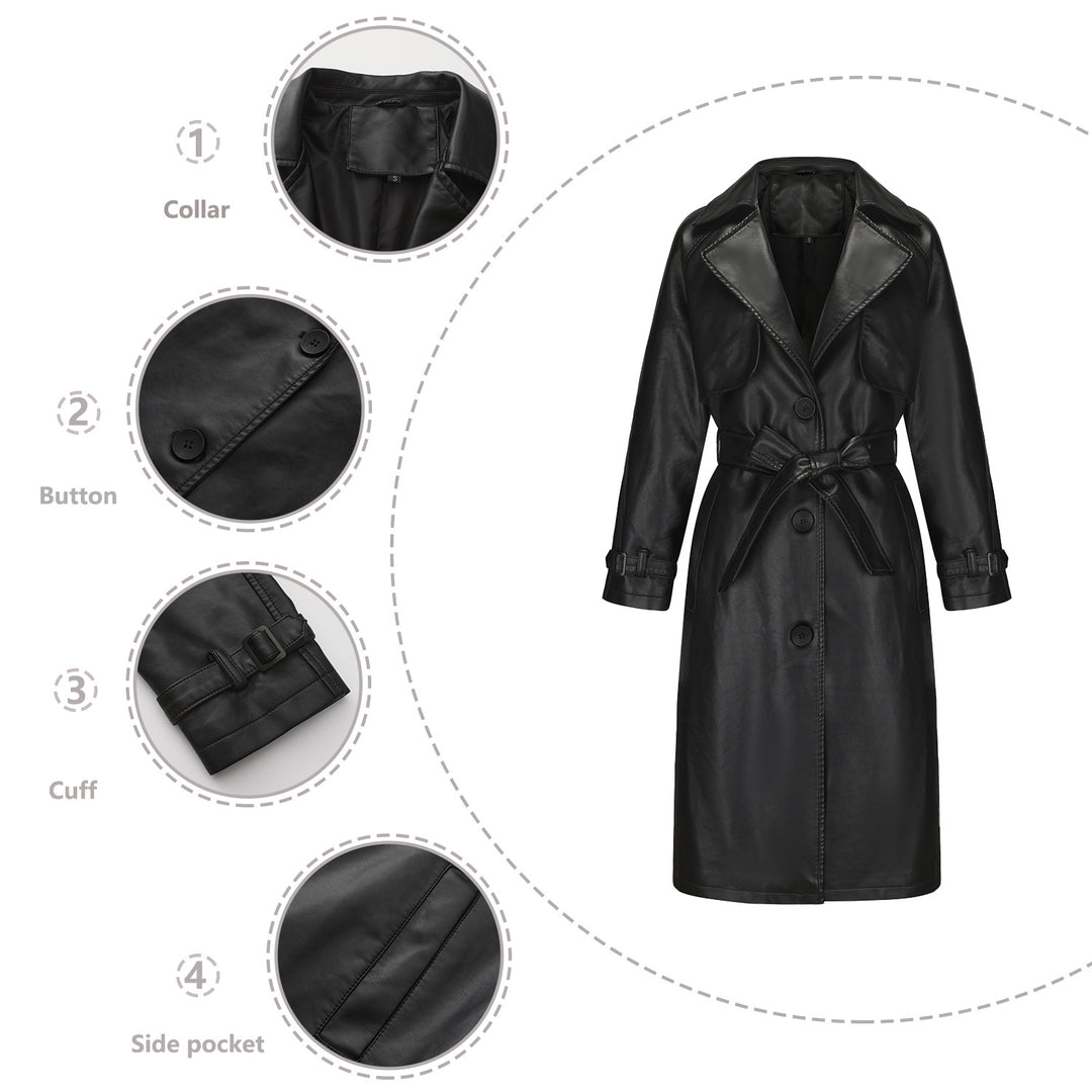 Damen nan langer taillierter Kunstleder-Trenchcoat mit Bindegürtel Echo Archiv