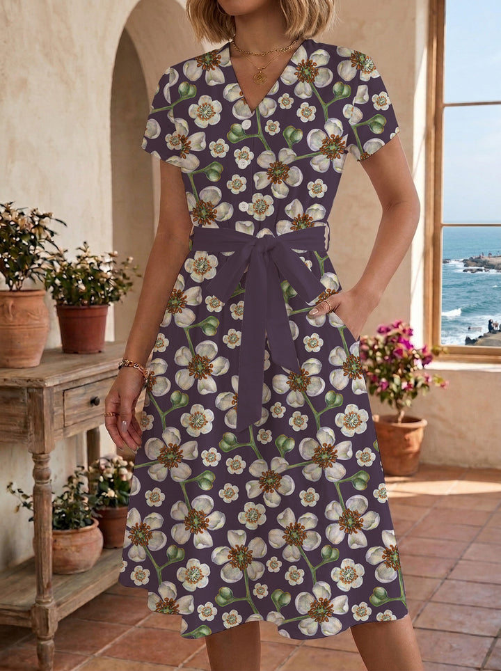 Damen Midikleid mit floralem Muster und Taillengürtel Echo Archiv