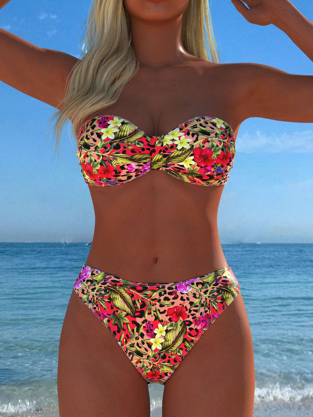 Damen Bandeau-Bikini mit floralem Muster und hohem Beinausschnitt Echo Archiv