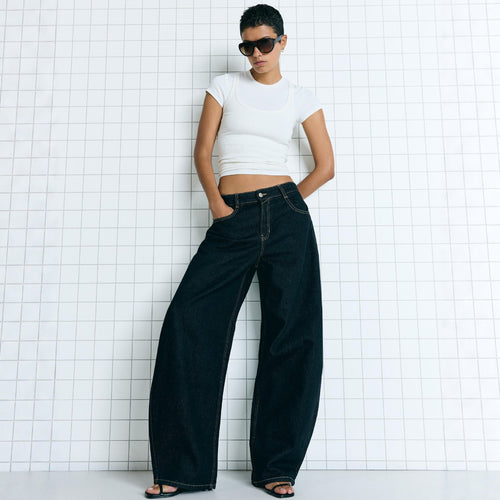 Damen nan hohe Taillenweite Palazzo-Denim mit weitem Bein und cleanem Five-Pocket-Design Echo Archiv