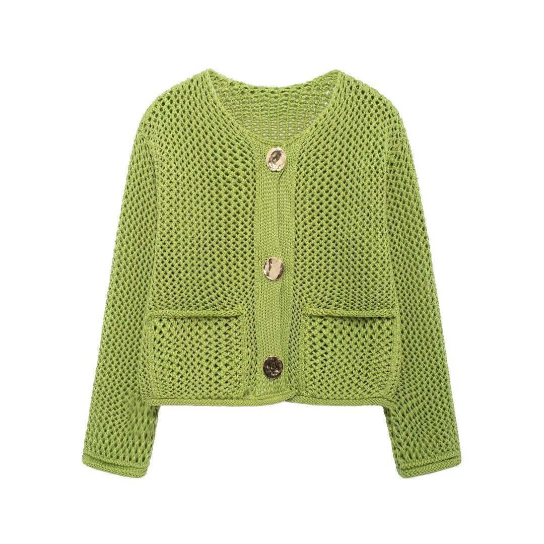 Damen Strickjacke mit offener Netz-Struktur, Zierknöpfen und aufgesetzten Taschen – Célinea