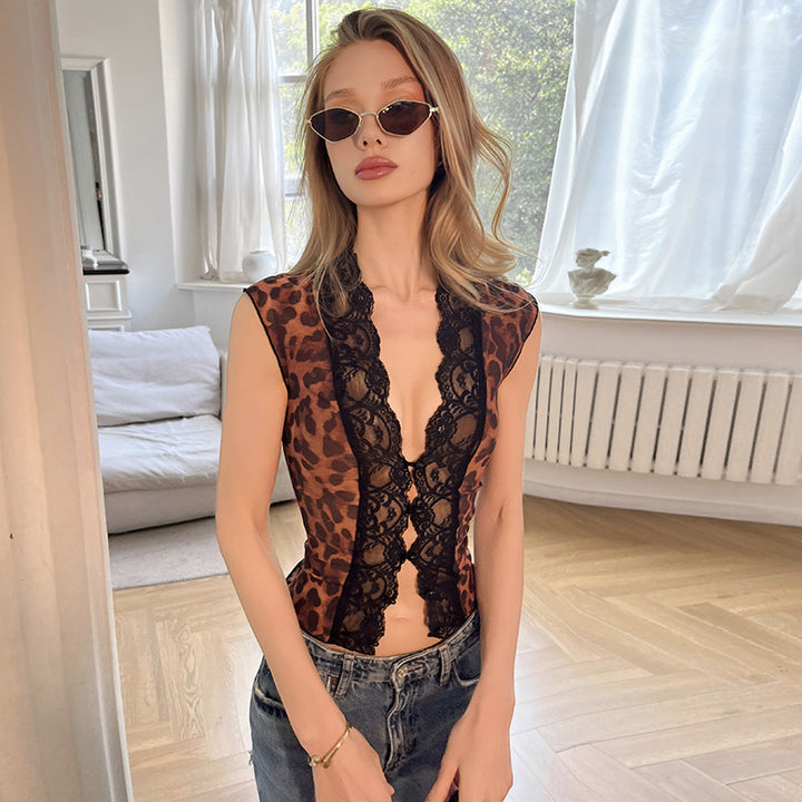 Damen Sexy Spitzenoberteil mit Leopardenmuster Echo Archiv