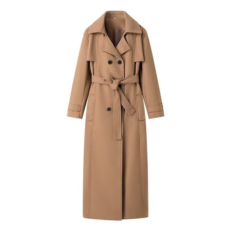 Damen Doppelreihiger Maxilanger Trenchcoat mit Bindegürtel und Cape-Überwurf Echo Archiv