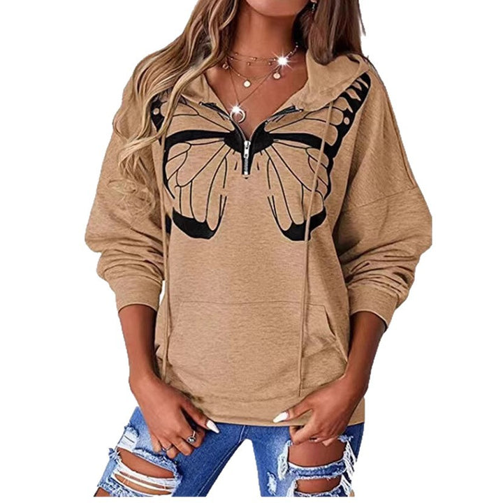 Damen Kapuzenpullover mit halbhohem Reißverschluss und Schmetterlingsprint – Auréline