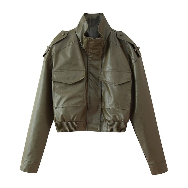 Damen Kurz geschnittene Blousonjacke aus Veganleder mit Schulterklappen und Pattentaschen Echo Archiv