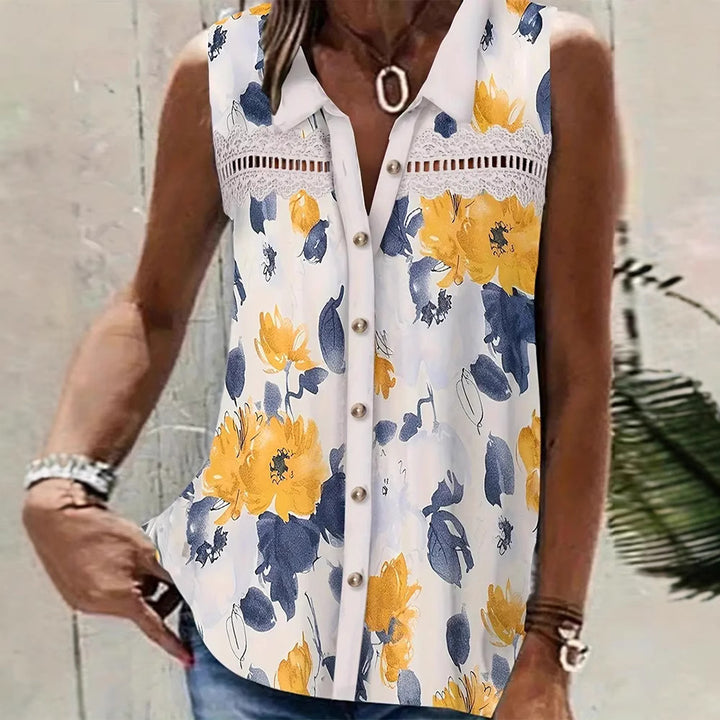 Damen nan Seidenimitat-Buttondown-Top mit Spitzenpasse und Perlenknopfleiste Echo Archiv