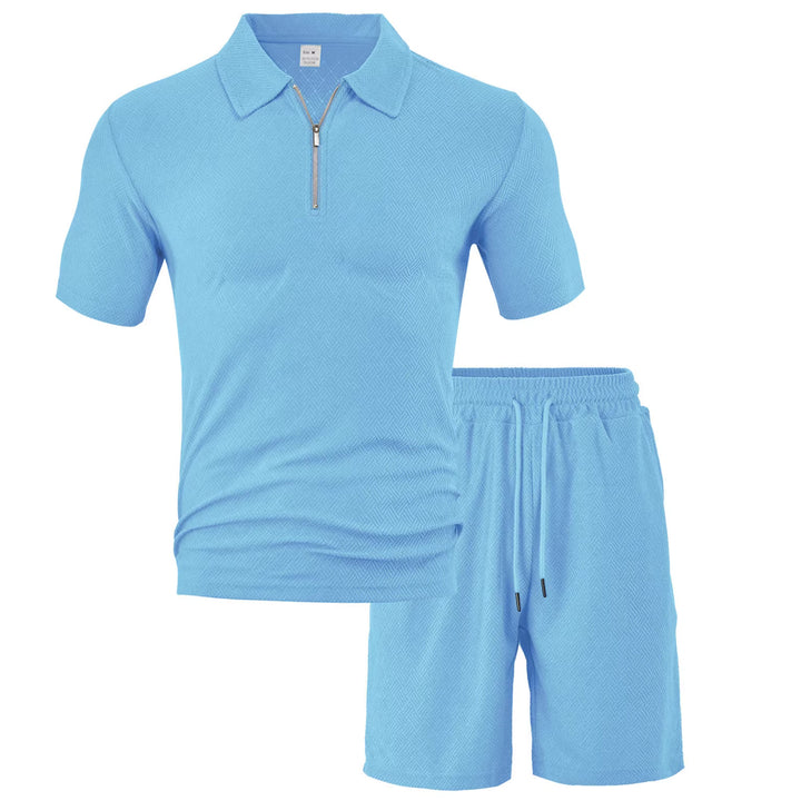 Herren nan komfortables Kurzarm-Halbzip-Set mit Polokragen und elastischer Kordelhose aus Strukturstrick Echo Archiv