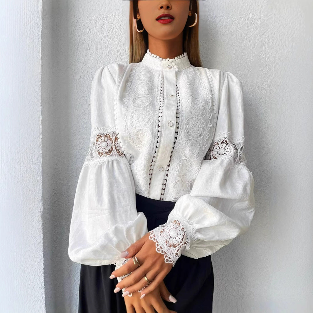 Damen Elegante Spitzenbluse im Vintage-Stil mit Stehkragen und Ballonärmeln Echo Archiv