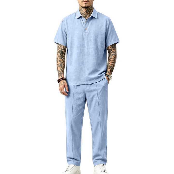 Herren Leichtes Leinenoptik-Loungewear-Set mit Polokragen und Bundfalten Echoarchiv