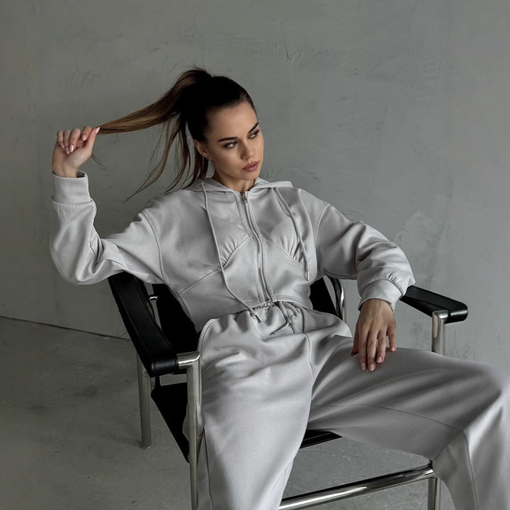 Damen nan zweiteiliges Cropped Hoodie-Set mit weitem Bundhose-Schnitt und tailliertem Reißverschluss Echo Archiv