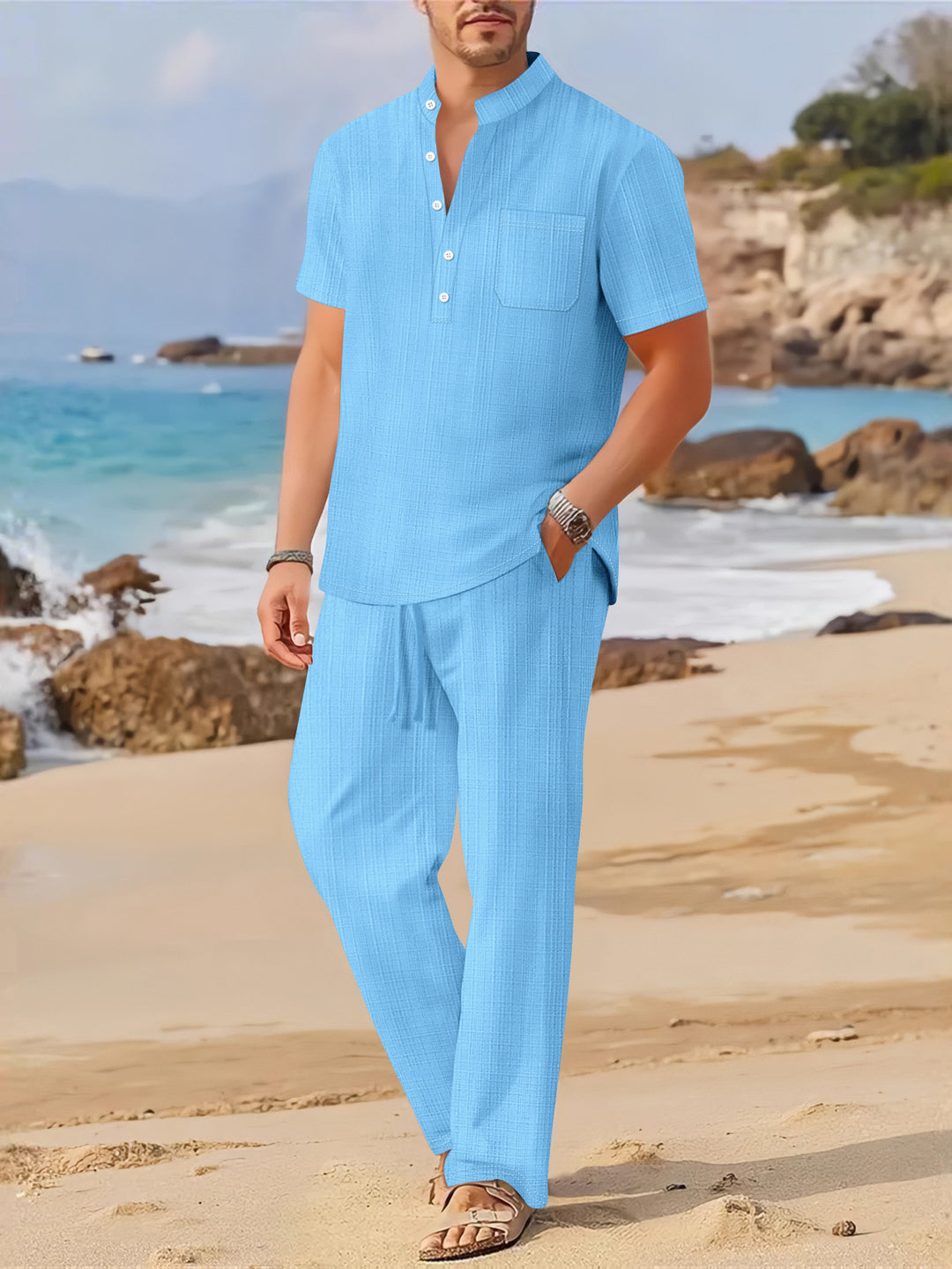 Herren lässiges Freizeit-Outfit mit kurzem Hemd und bequemer Hose Echoarchiv