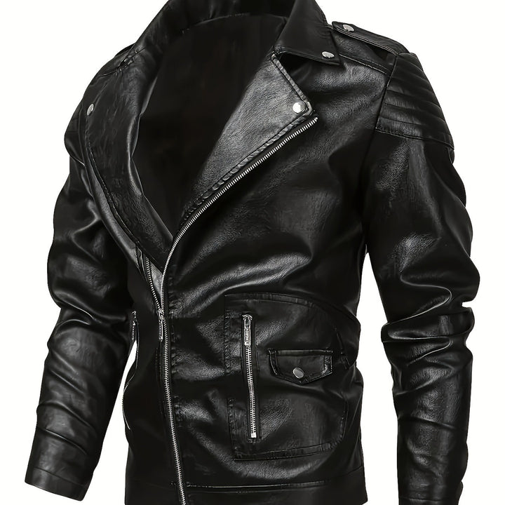 Herren Asymmetrische Bikerjacke aus Kunstleder mit gesteppten Schulterpaddings und Utility‑Taschen Echo Archiv