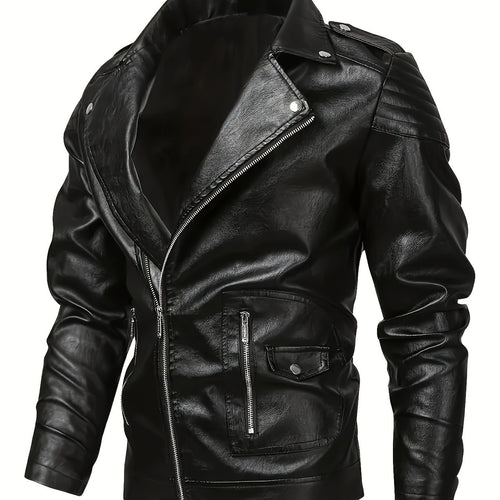 Herren Asymmetrische Bikerjacke aus Kunstleder mit gesteppten Schulterpaddings und Utility‑Taschen Echo Archiv