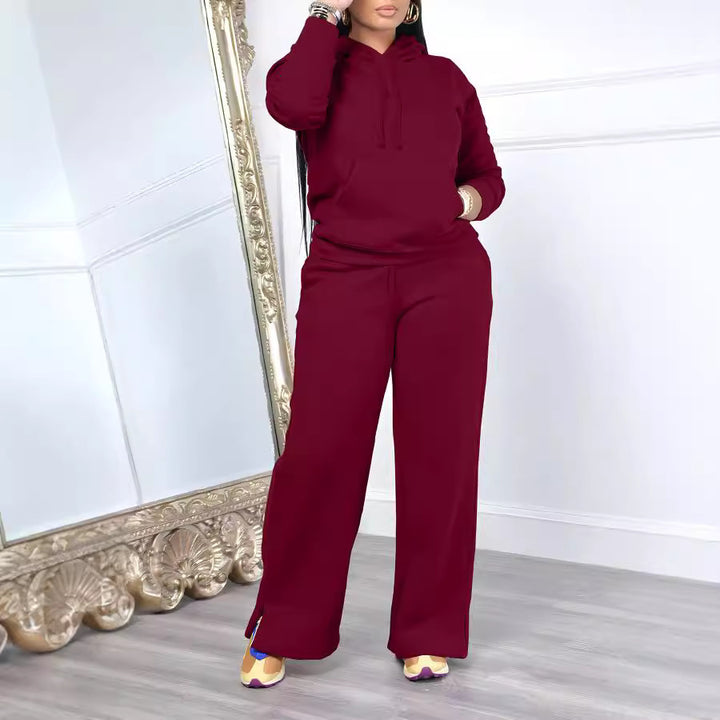 Damen Relax-Loungewear-Set mit weitem Highwaist-Palazzo-Jogger, Kapuzenpullover mit Kängurutasche und seitlichem Saumschlitz – Avérine