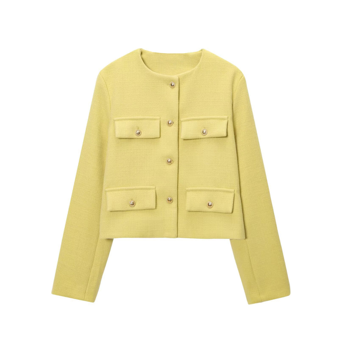 Damen Bouclé-Cropped-Jacke mit vier Pattentaschen und goldenen Schmuckknöpfen Echo Archiv