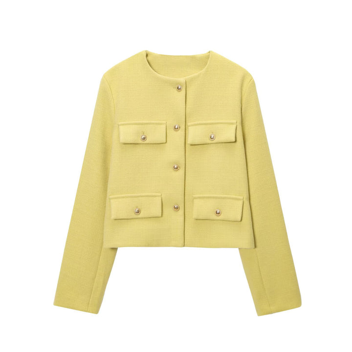 Damen Bouclé-Cropped-Jacke mit vier Pattentaschen und goldenen Schmuckknöpfen Echo Archiv