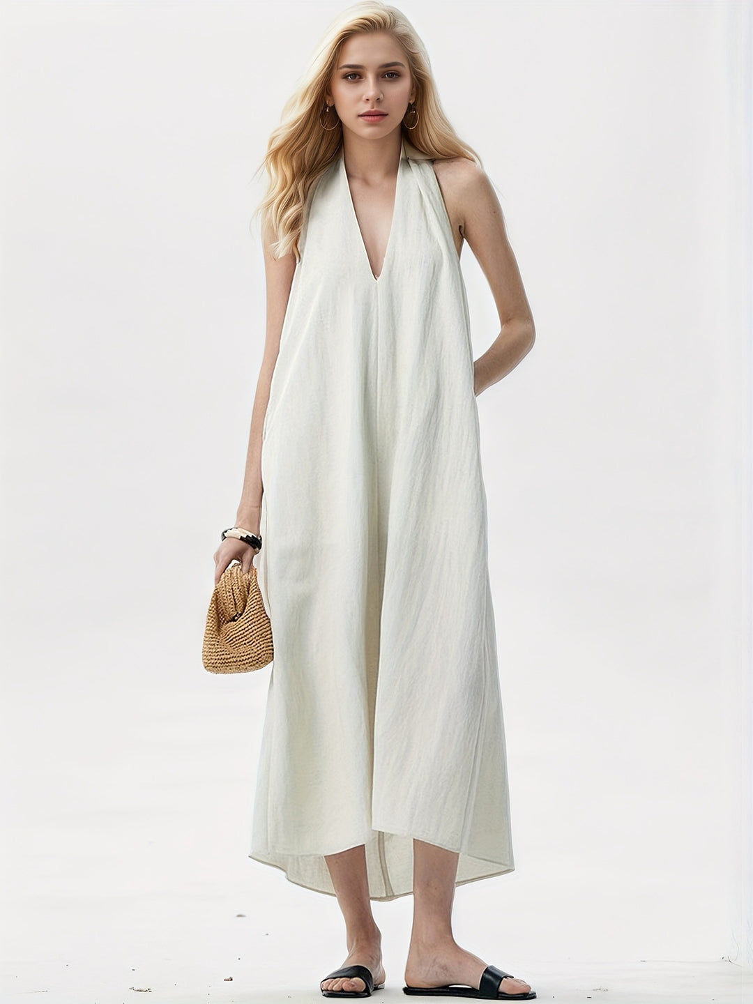 Damen Elegantes Maxikleid mit tiefem V-Ausschnitt und fließendem Stoff Echo Archiv