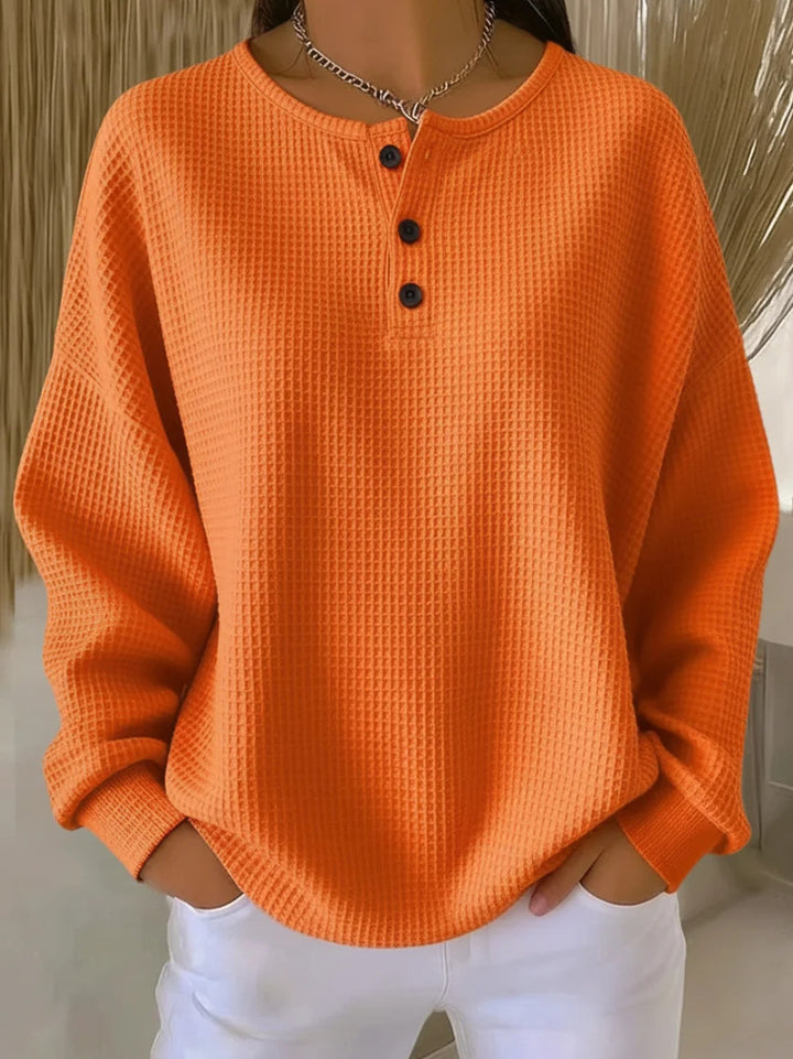 Damen nan Oversized Waffelstrick Henley-Pullover mit Knopfleiste und abgerundetem Saum Echo Archiv