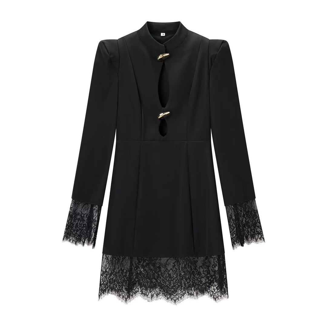 Damen Midikleid mit Stehkragen, Cut-Out‑Front, goldenen Zierverschlüssen und Spitzenbesatz Echo Archiv