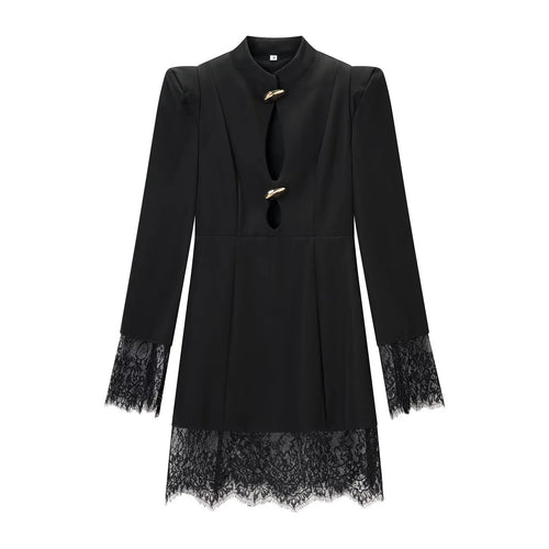 Damen Midikleid mit Stehkragen, Cut-Out‑Front, goldenen Zierverschlüssen und Spitzenbesatz Echo Archiv