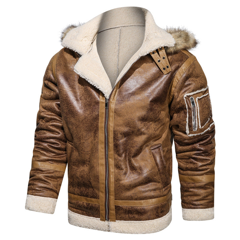 Herren Vintage Lammfell Fliegerjacke mit Kapuze und Teddyfutter – Taviero