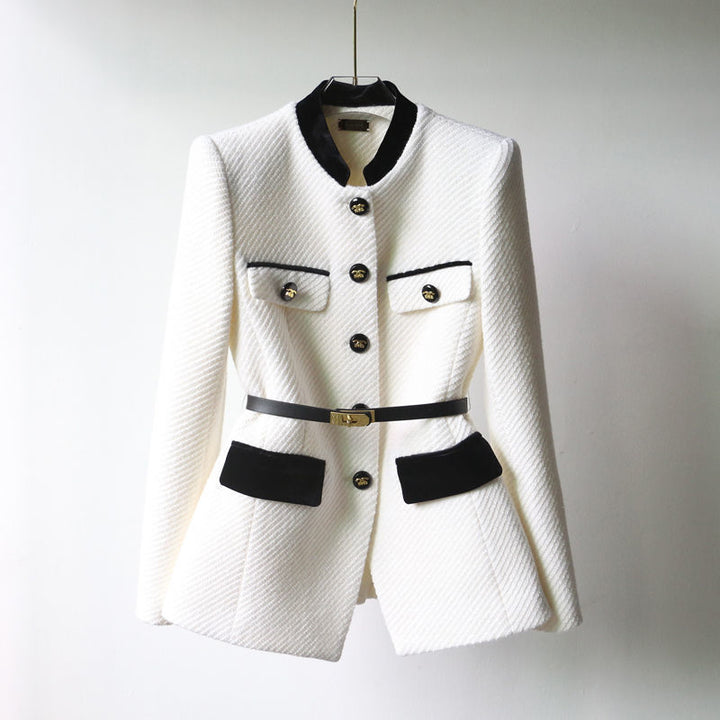 Damen Elegante Bouclé-Blazerjacke mit Samtbesatz und Taillengürtel – Valéne