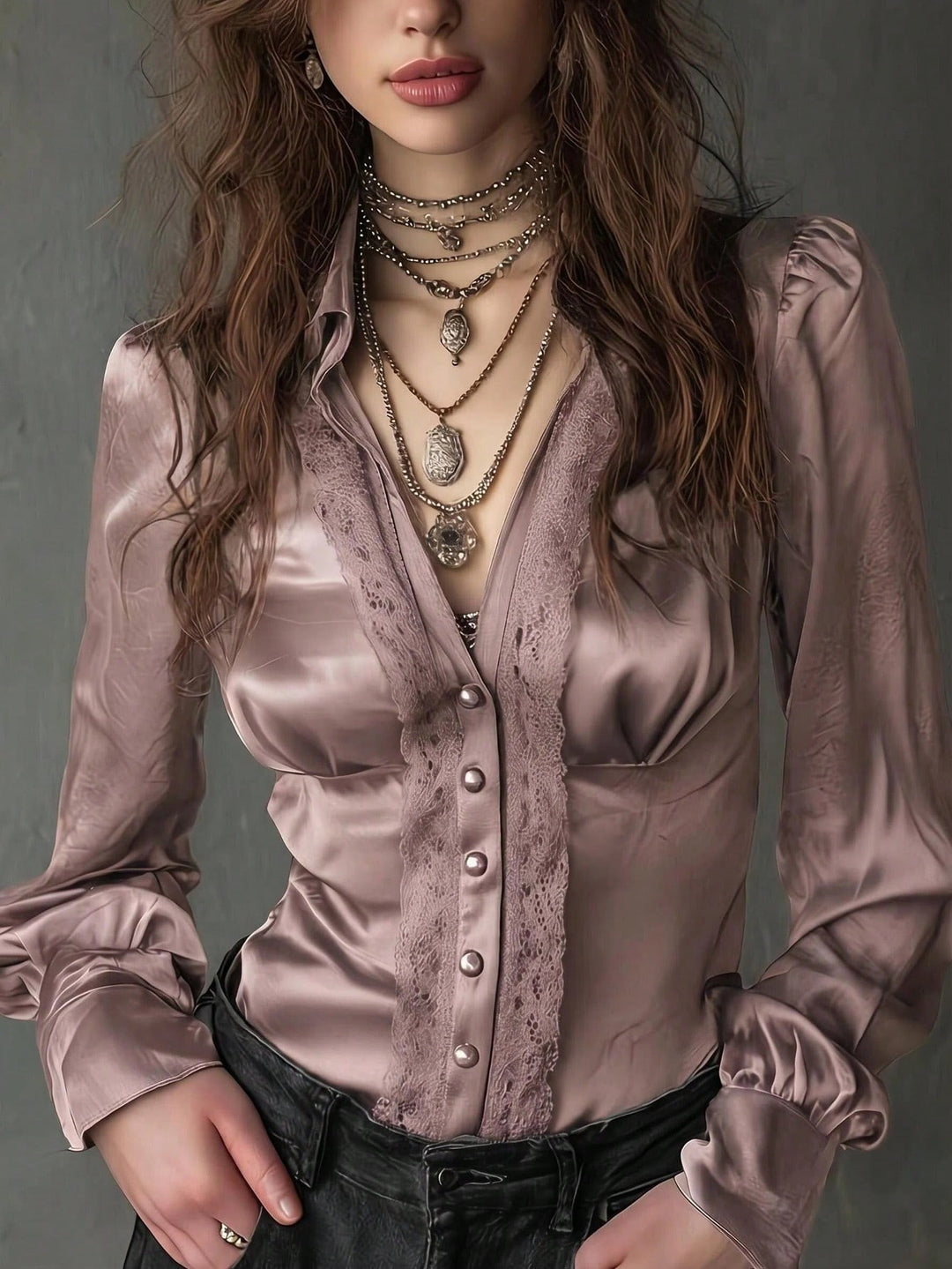 Damen Taillierte Satinbluse mit Spitzenpasse, Knopfleiste und Puffärmeln Echo Archiv