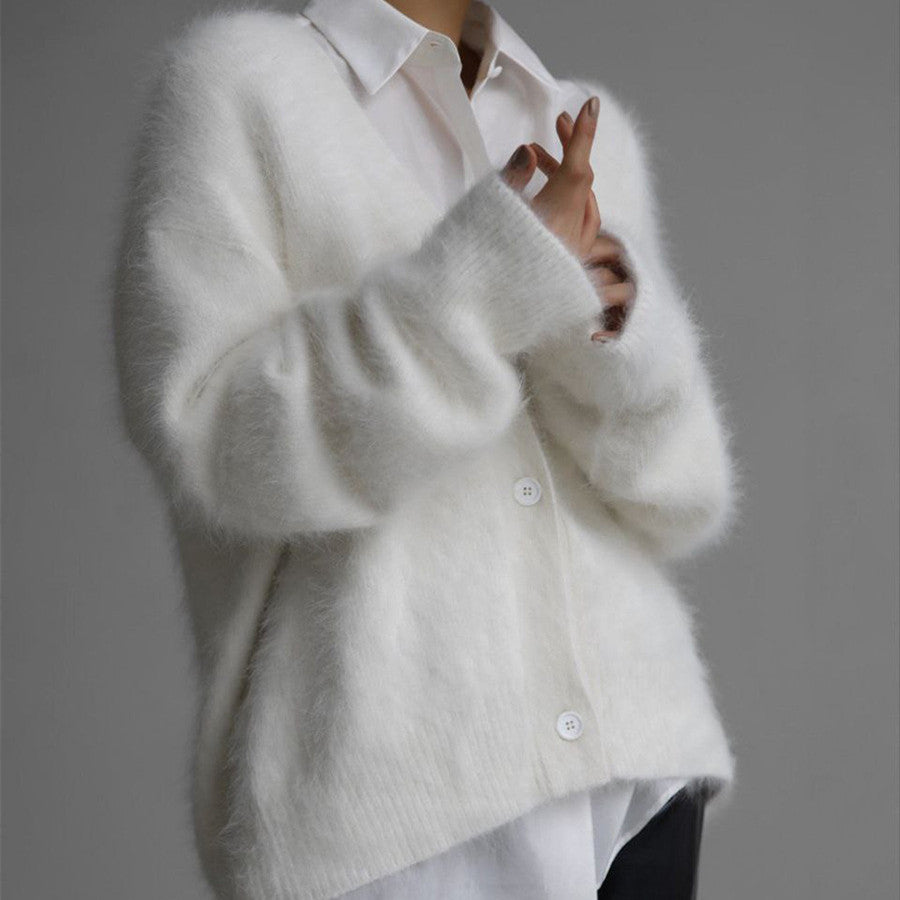 Damen Flauschiger Oversize-Knopfcardigan mit tiefem V-Ausschnitt und Eingrifftaschen – Veloura