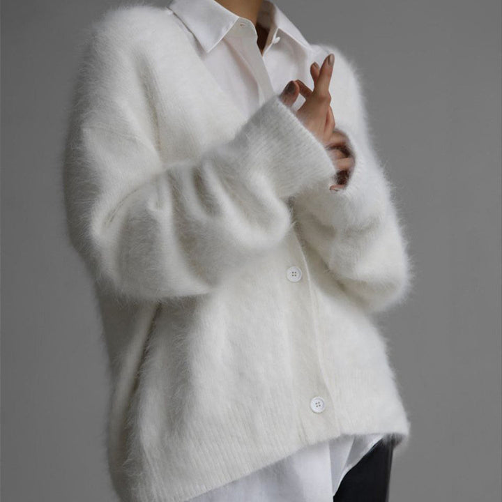 Damen Flauschiger Oversize-Knopfcardigan mit tiefem V-Ausschnitt und Eingrifftaschen – Veloura