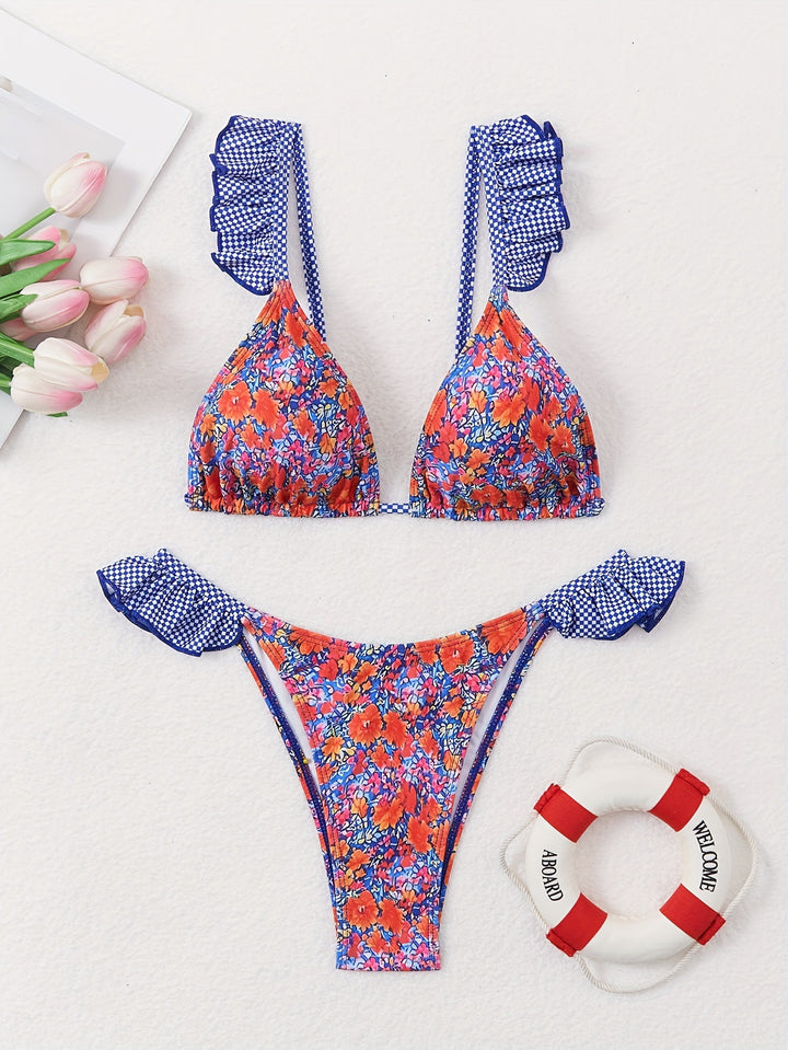 Damen Triangel-Bikini mit verspielten Rüschendetails und floralem Muster Echo Archiv