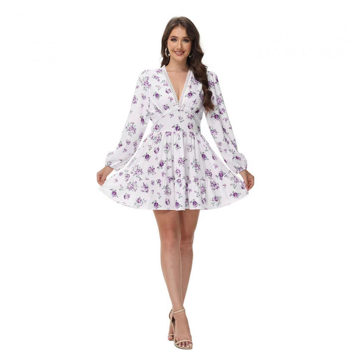 Damen Boho-florales Minikleid mit V-Ausschnitt und Puffärmeln – Élara