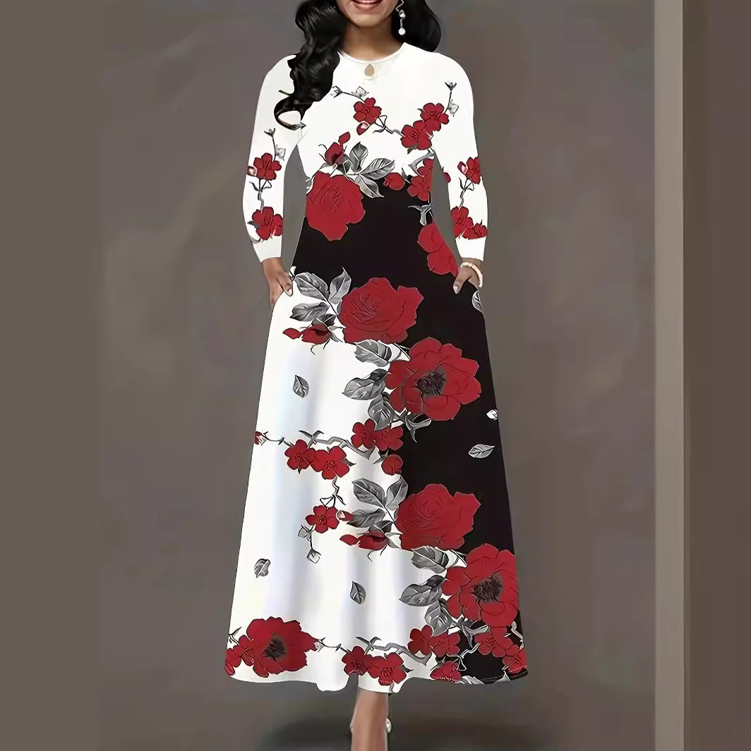 Damen Maxikleid mit floralem Allover-Print, A‑Linie, Langarm und Schlitzdetail – Valéora
