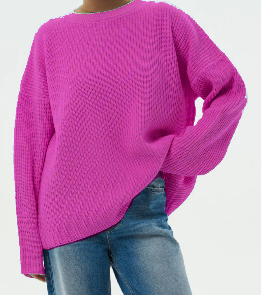Damen Oversize Strukturstrick-Pullover mit Rundhalsausschnitt und überschnittener Schulter – Mavelle