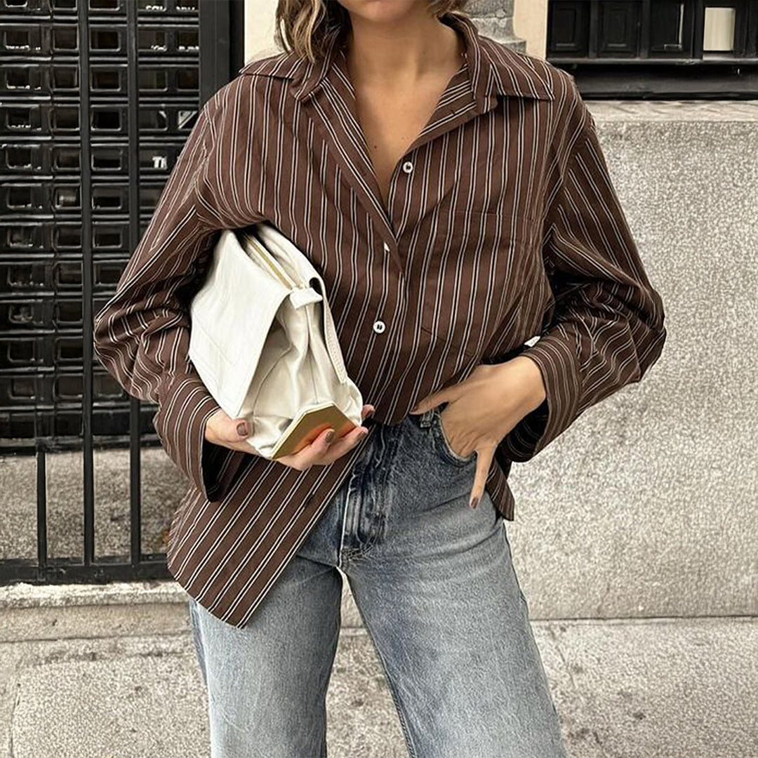 Damen nan lässiges Oversize-Hemd mit feinen Nadelstreifen, Hemdkragen und Brusttasche Echo Archiv