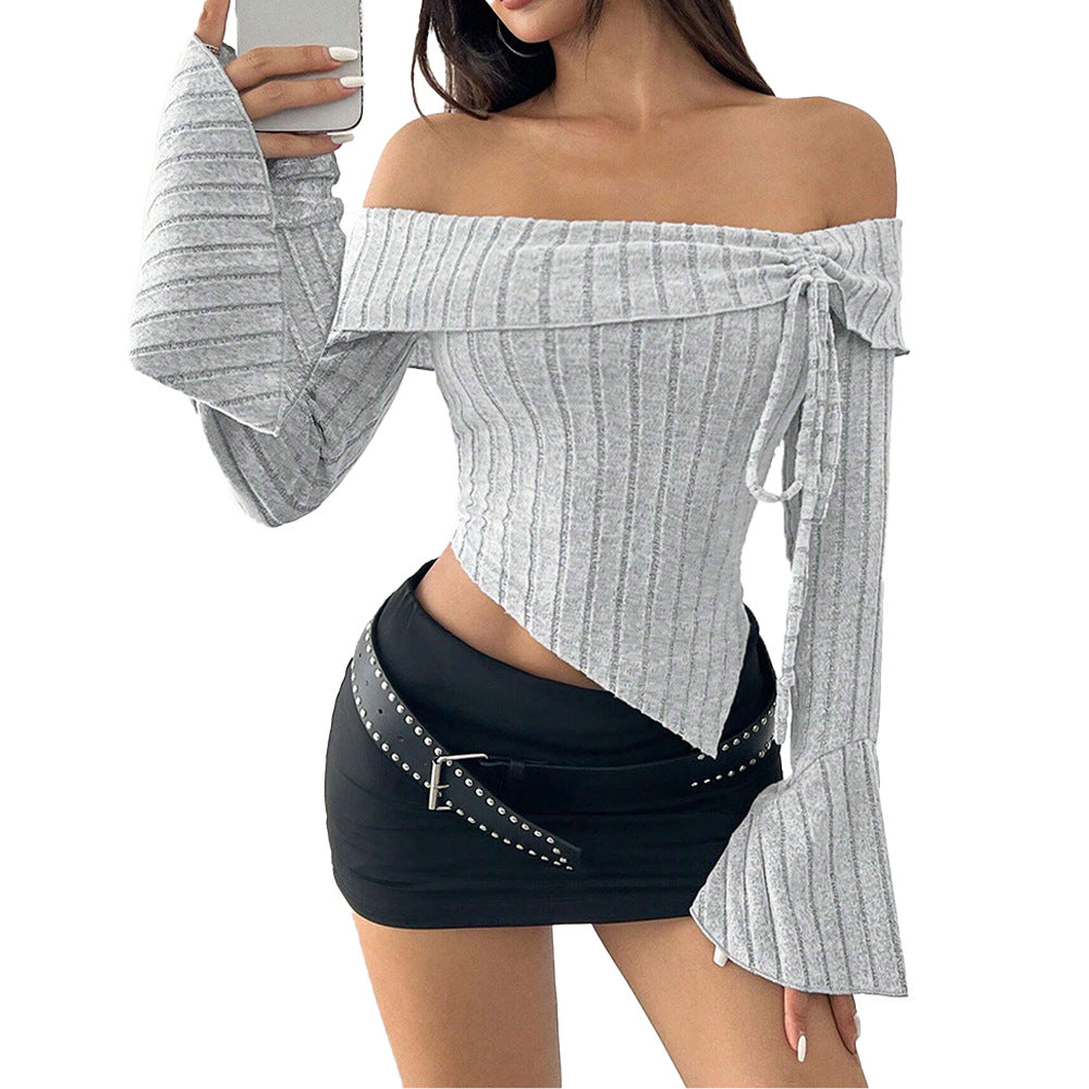 Damen schulterfreies geripptes Asymmetrisches Cropped-Top mit Glockenärmeln und Binddetail – Avérine