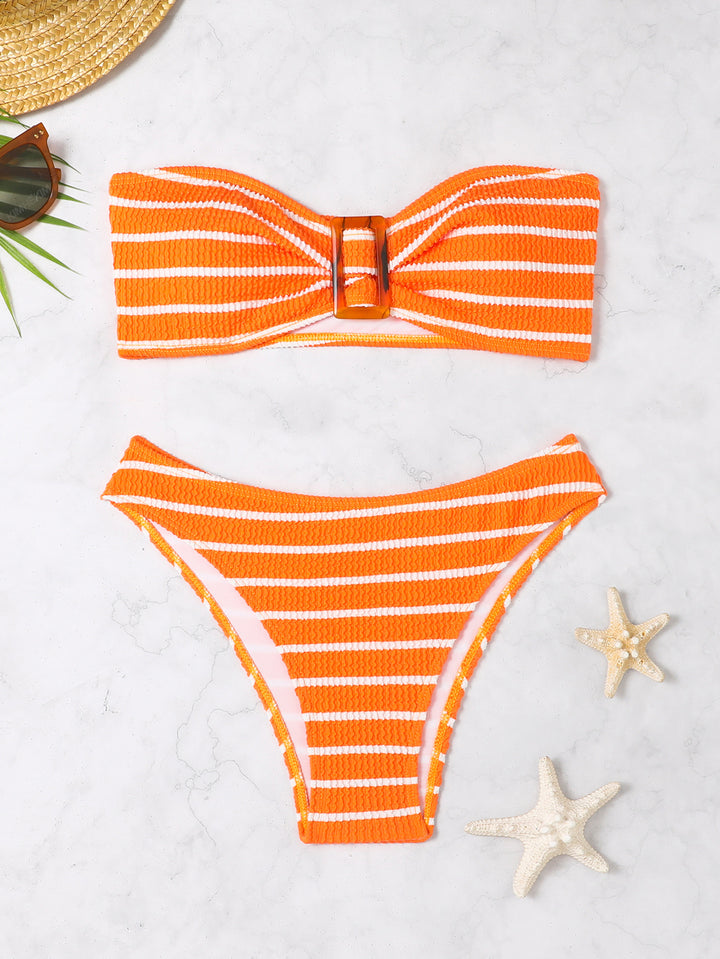 Damen Bandeau-Bikini mit modischem Streifenmuster und dekorativer Schnalle Echo Archiv