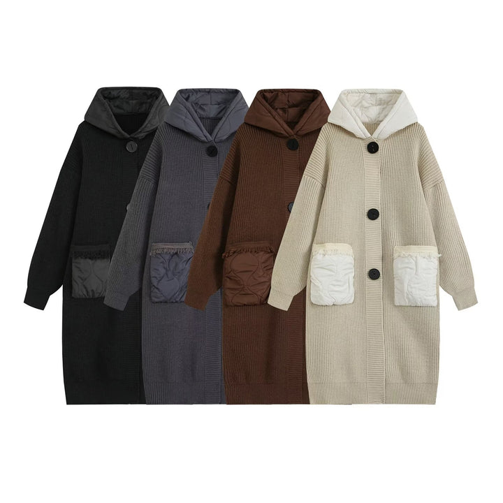 Damen Longline Grobstrickmantel mit gesteppter Kapuze und übergroßen Fronttaschen Echo Archiv