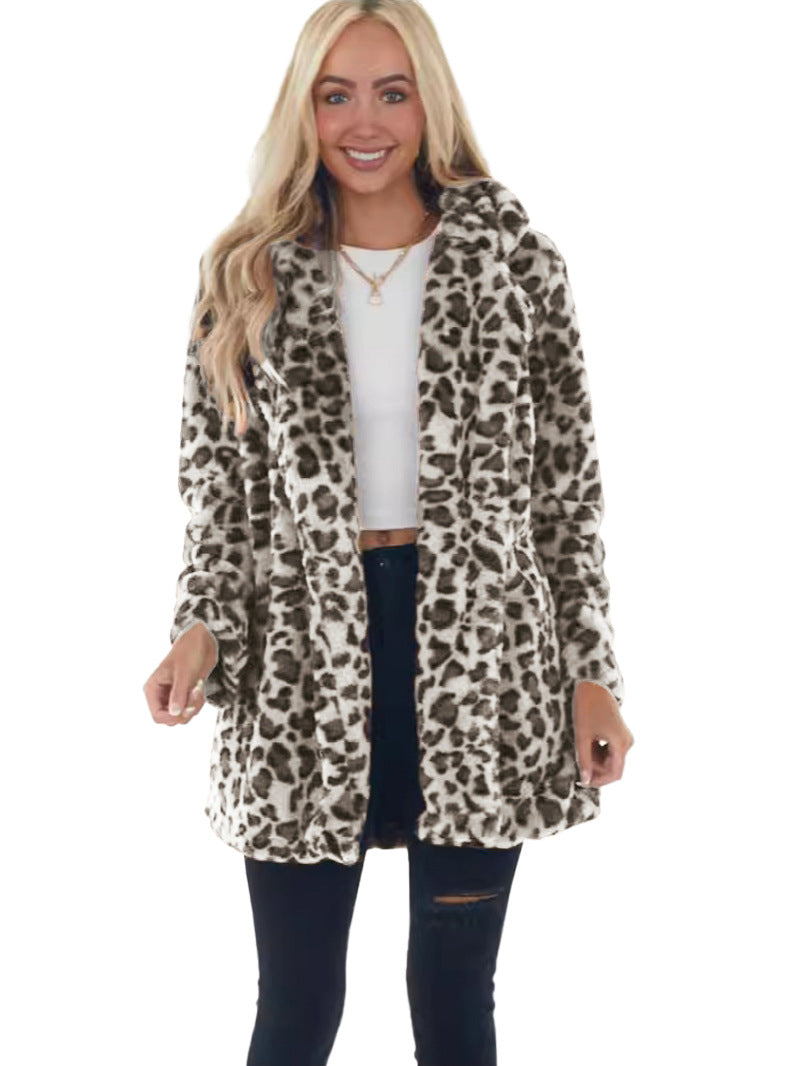 Damen Kunstfell Leopardenmuster Kapuzen Plüsch Mid-Length Mantel – Montévia