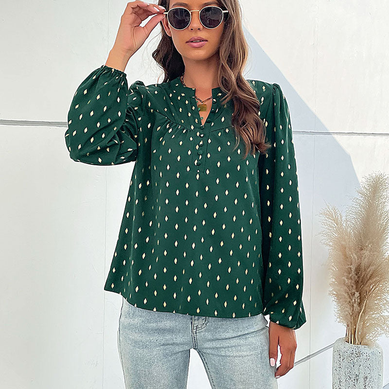 Damen Leichte Viskosebluse mit zartem Ikat‑Print, Stehkragen und dekorativer Knopfleiste Echoarchiv