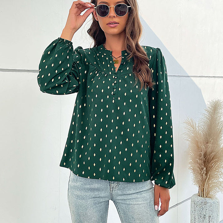 Damen Leichte Viskosebluse mit zartem Ikat‑Print, Stehkragen und dekorativer Knopfleiste Echoarchiv