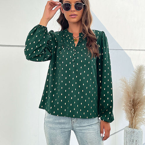Damen Leichte Viskosebluse mit zartem Ikat‑Print, Stehkragen und dekorativer Knopfleiste Echoarchiv