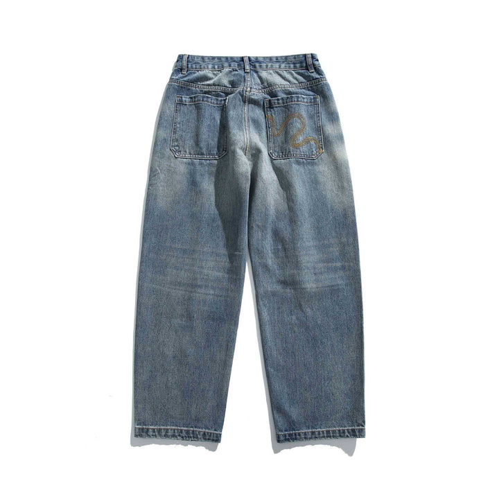 Damen Hochtaillierte lockere Jeans mit Used‑Effekt und Farb‑Splatter Echoarchiv