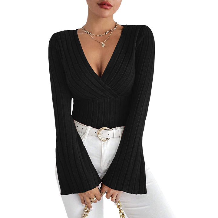 Damen gerippte Wickel-Strickbluse mit tiefem V-Ausschnitt und ausgestellten Glockenärmeln – Élovi