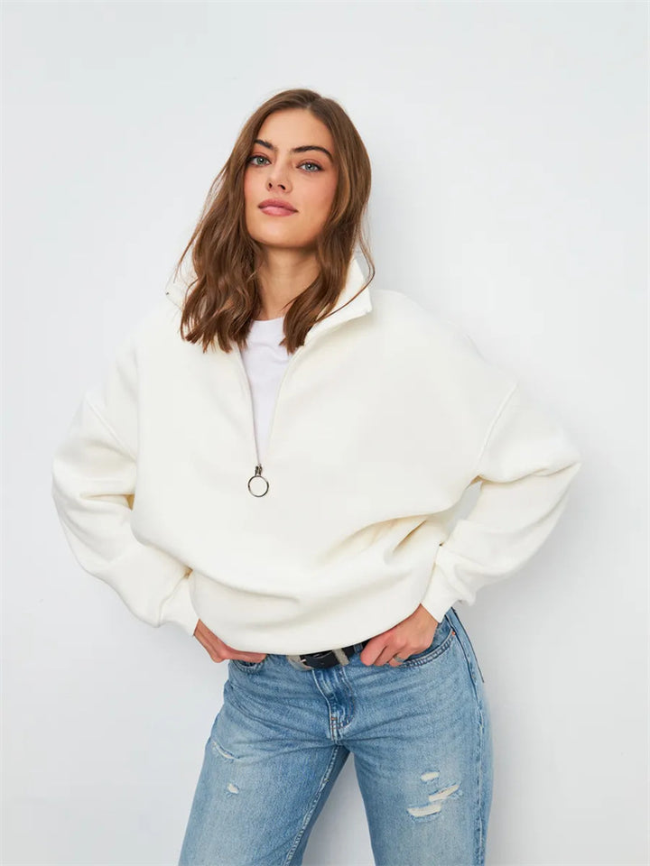 Damen Oversized Halbzip Sweater mit hohem Stehkragen und Rippbündchen – Auréline